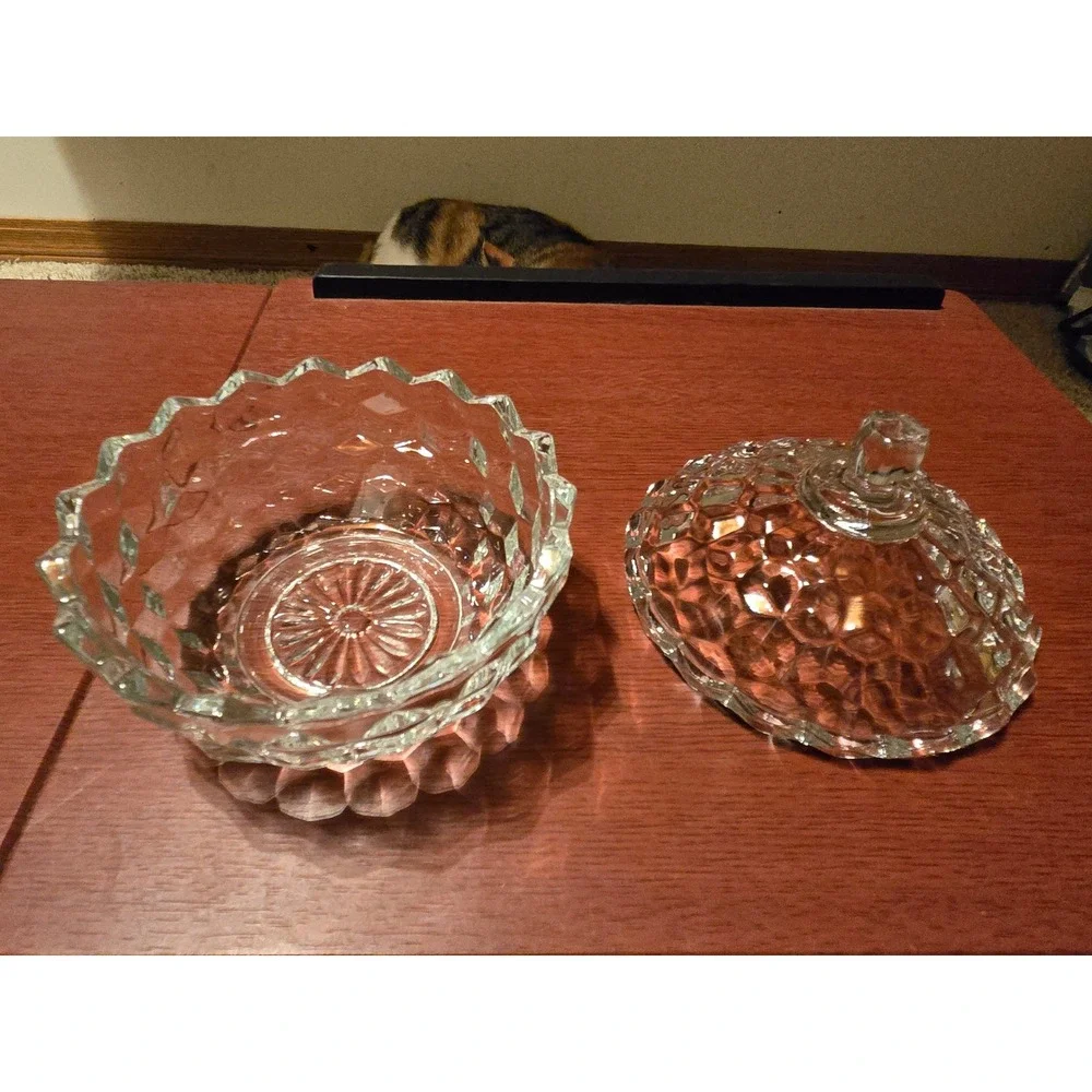 Vintage Clear Cut Glass Candy Dish Scalloped Lidded Trinket Jar Diamond Pattern